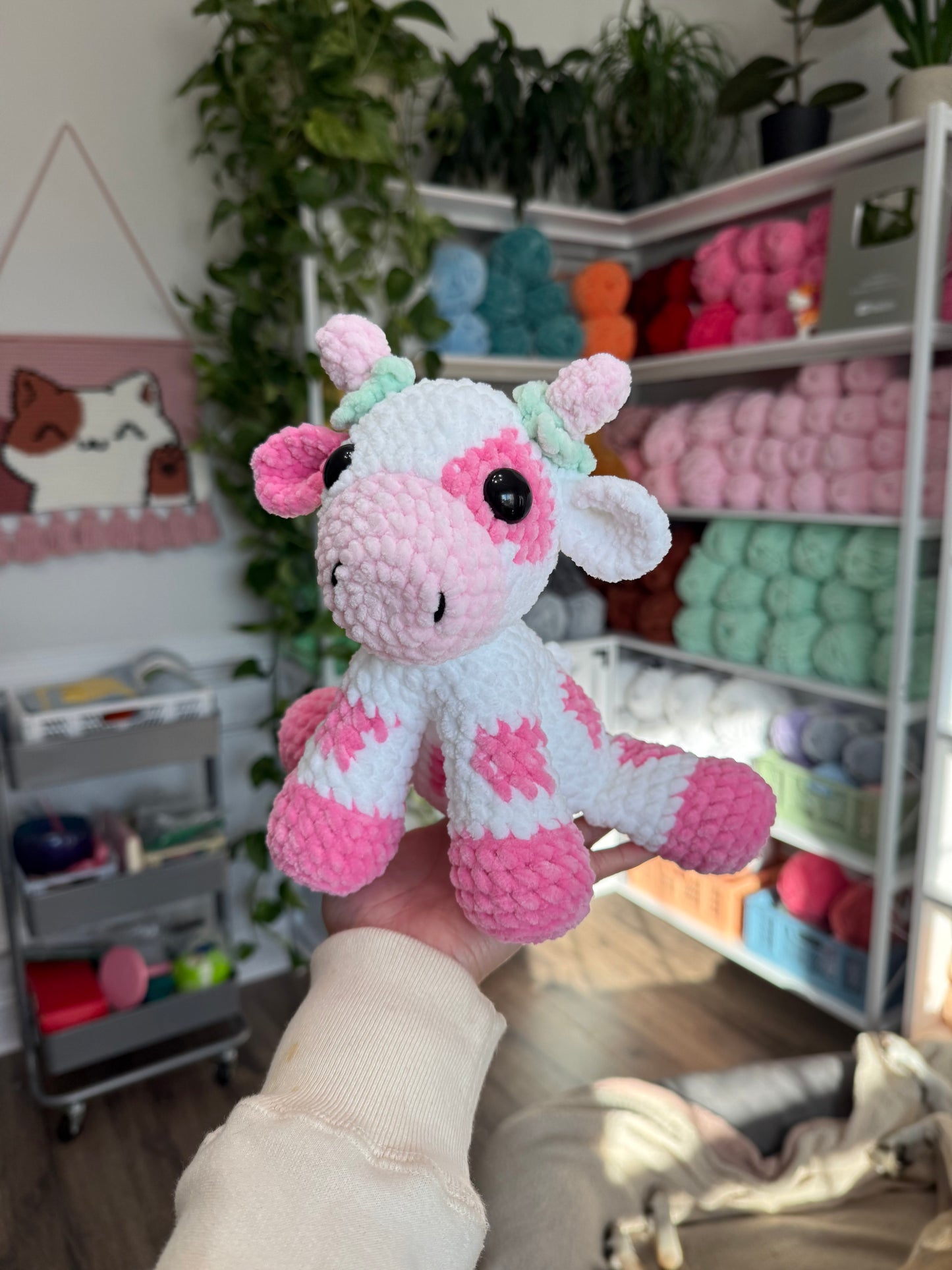 Sitting Cow Plushie (Strawberry)