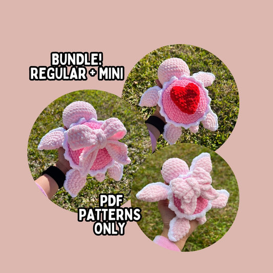 BUNDLE Regular & Mini Size Bow & Heart Turtle Crochet Patterns